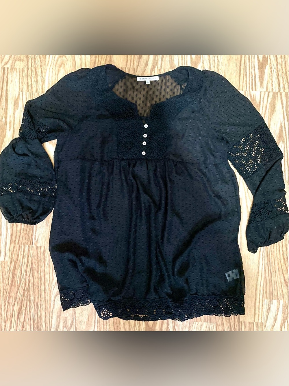 Daniel Rainn Black Swiss Dot Lace Trim Blouse - Large